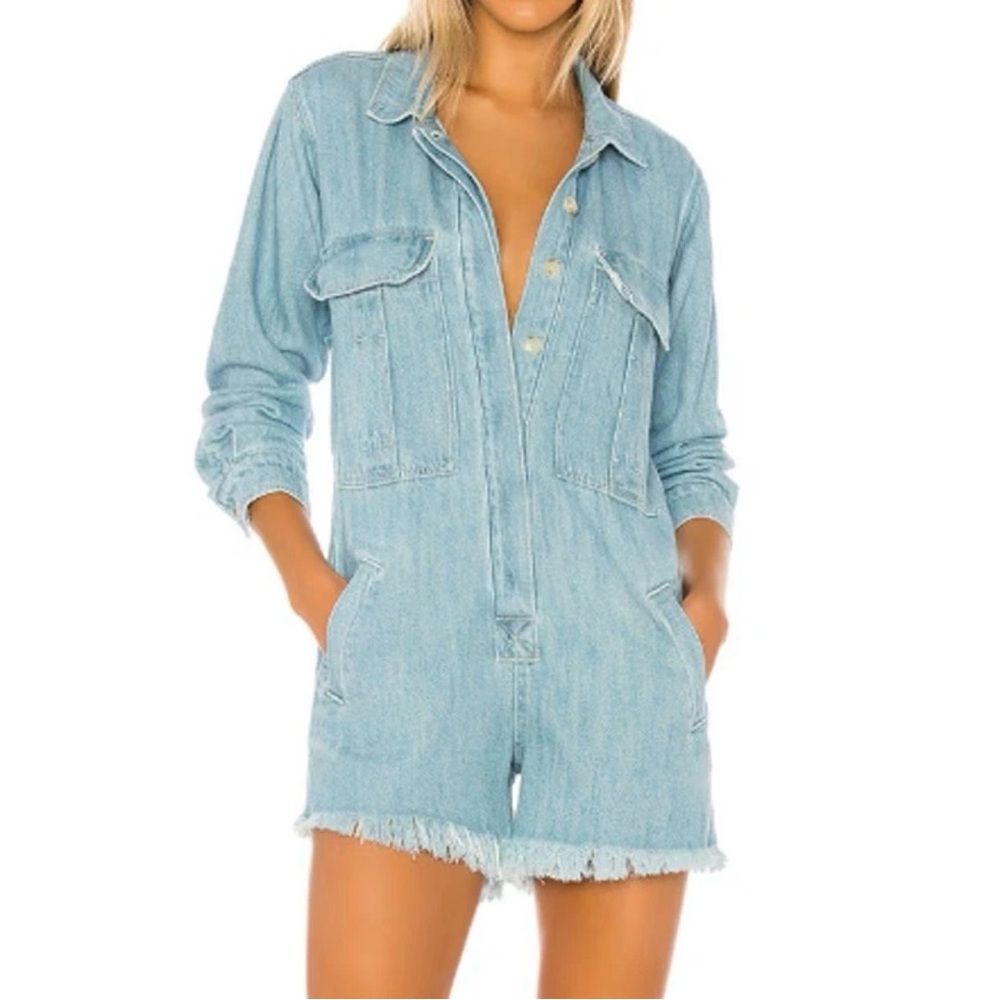 Free People Romper Womens XS Shapeshifter Denim Light Wash Utility Jumpsuit